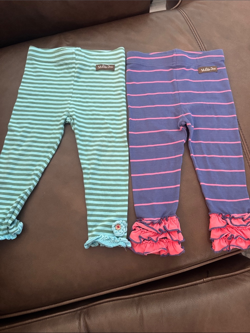 Matilda Jane Striped Ruffle Leggings Set - Mint & Navy with Pink